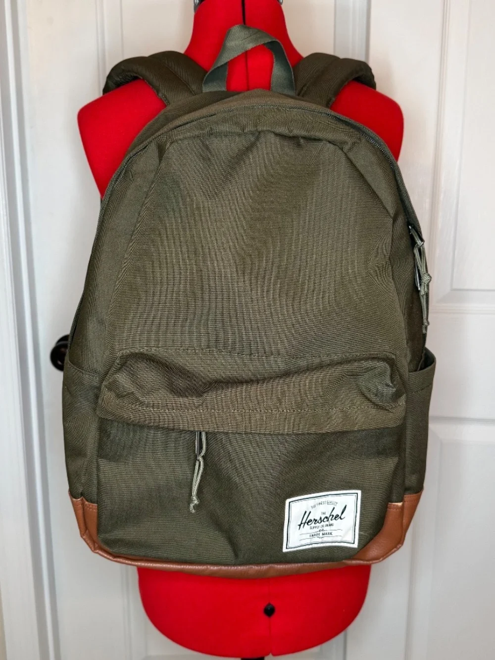 Herschel Heritage Backpack Army Green Canvas Faux Brown Leather Bottom Backpack